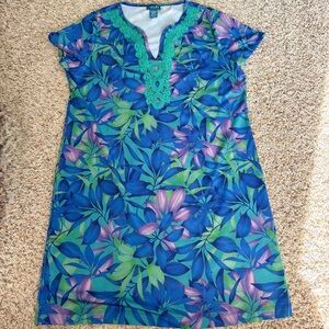 Caribbean Joe - Women’s (L) Blue & Green Palm Leaf V Neck Tropical Shift Dress